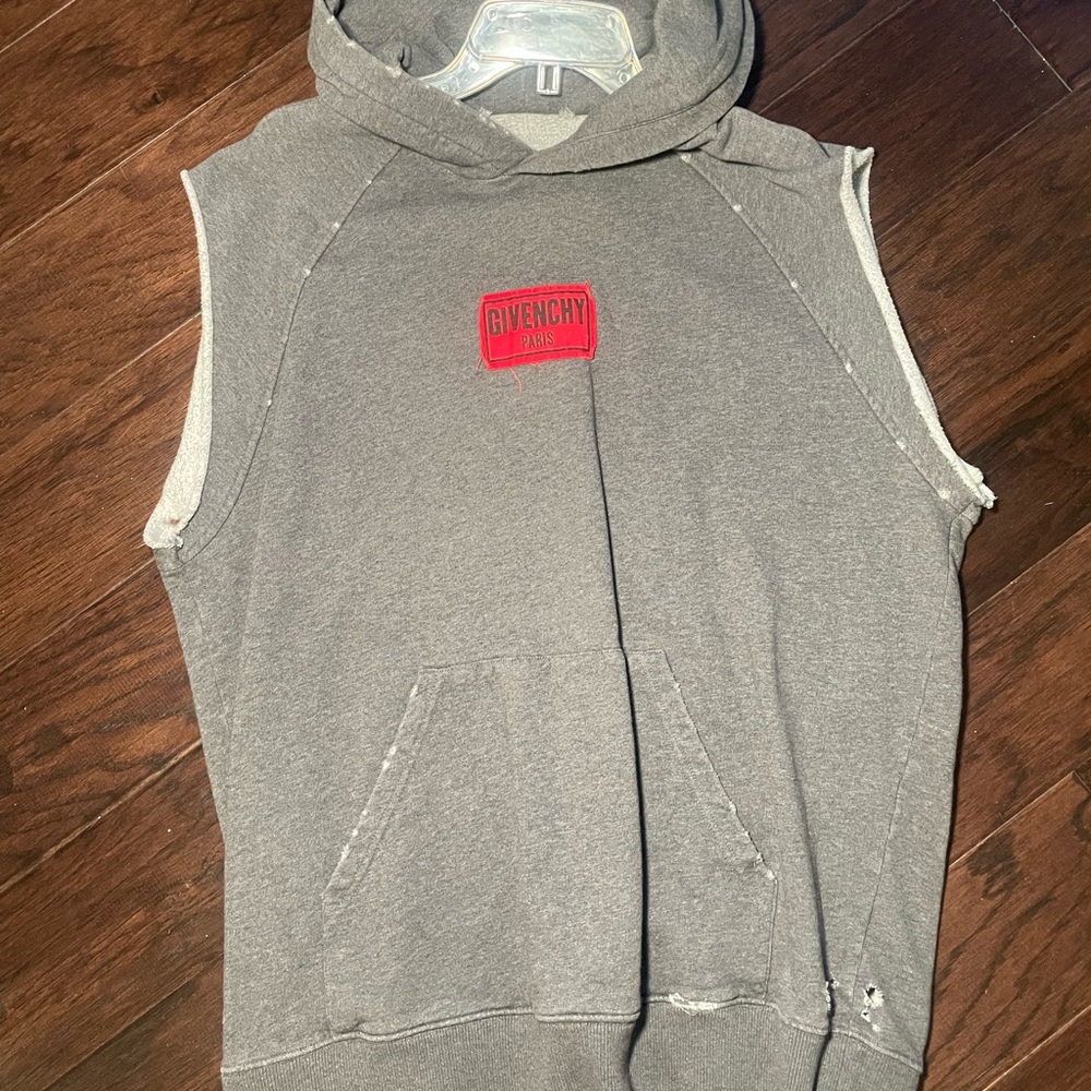 Givenchy MENS Gray Sleeveless Hoodie with Red Logo